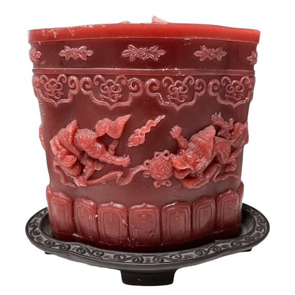 Vintage Wine Red Chinese Dragon Candle on Stand - Picture 1 of 8